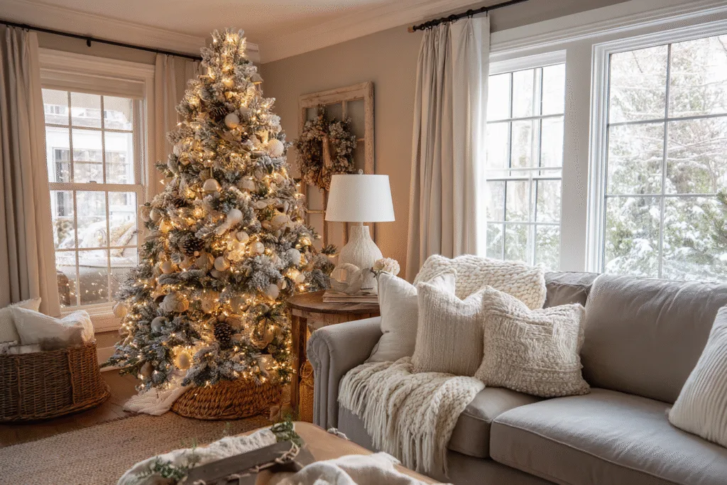 Neutral Christmas tree in a cozy real living room, warm white lights glowing softly, wood-bead garland, linen ribbon tucked into the branches, pinecone