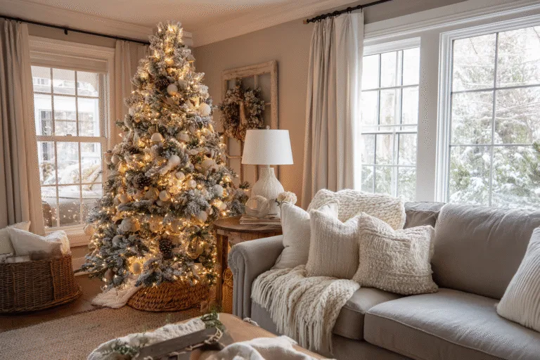 Neutral Christmas tree in a cozy real living room, warm white lights glowing softly, wood-bead garland, linen ribbon tucked into the branches, pinecone