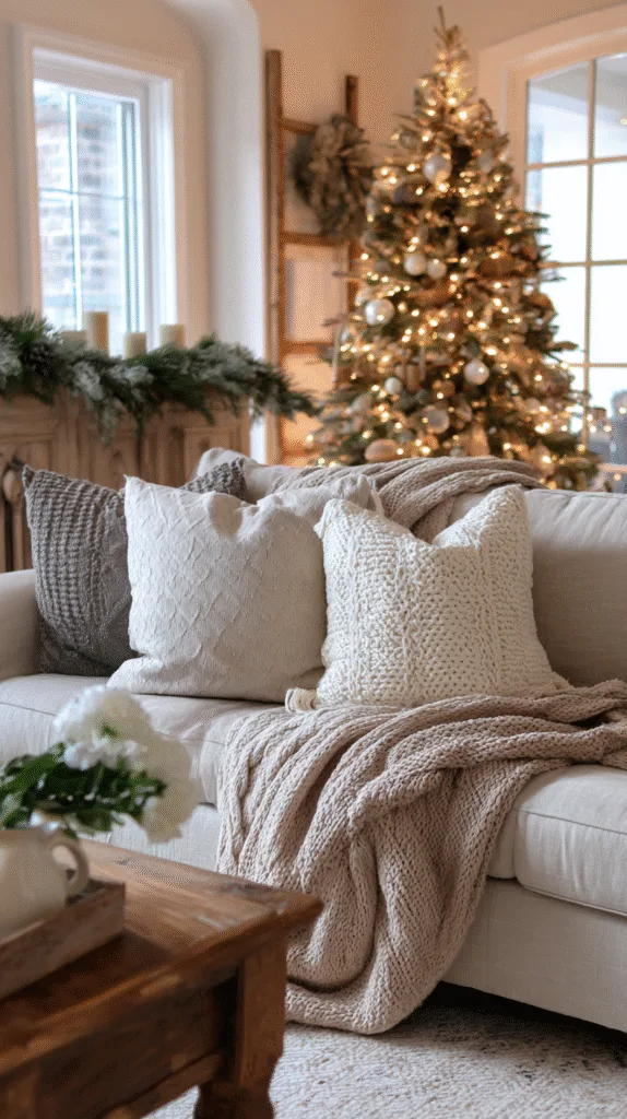 Neutral Christmas tree in a living room with matching soft textures: beige throw blanket, ivory pillows, warm wood furniture, gentle evening glow, real-home warmth.