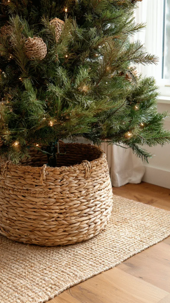 Neutral tree collar made of woven rattan around the base of an undecorated Christmas tree, soft beige rug under it