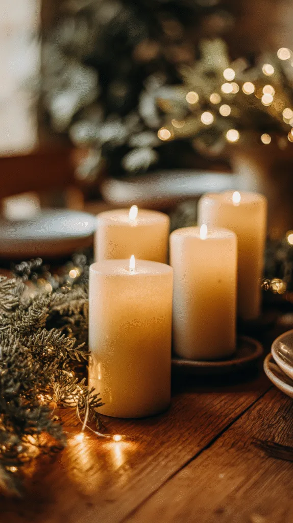 Short warm candles glowing on a wooden table, soft fairy lights tucked into greenery, warm golden tones, cozy shadows