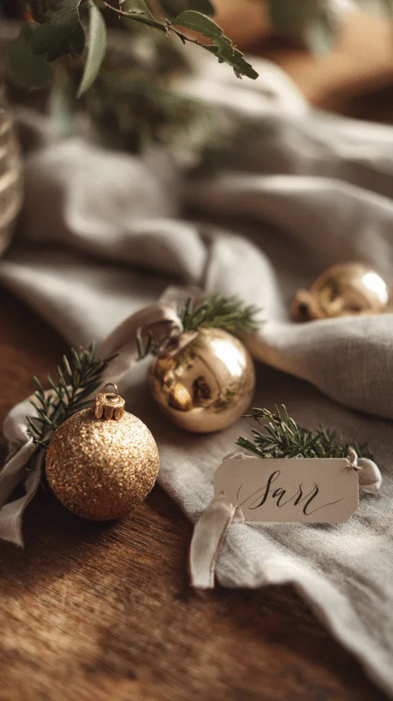 Small Christmas table accents: tiny gold ornaments, soft cedar sprigs, handwritten name cards