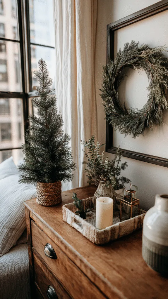 Small apartment corner with skinny Christmas tree, tiny wreath over a dresser, candle and greenery on tray