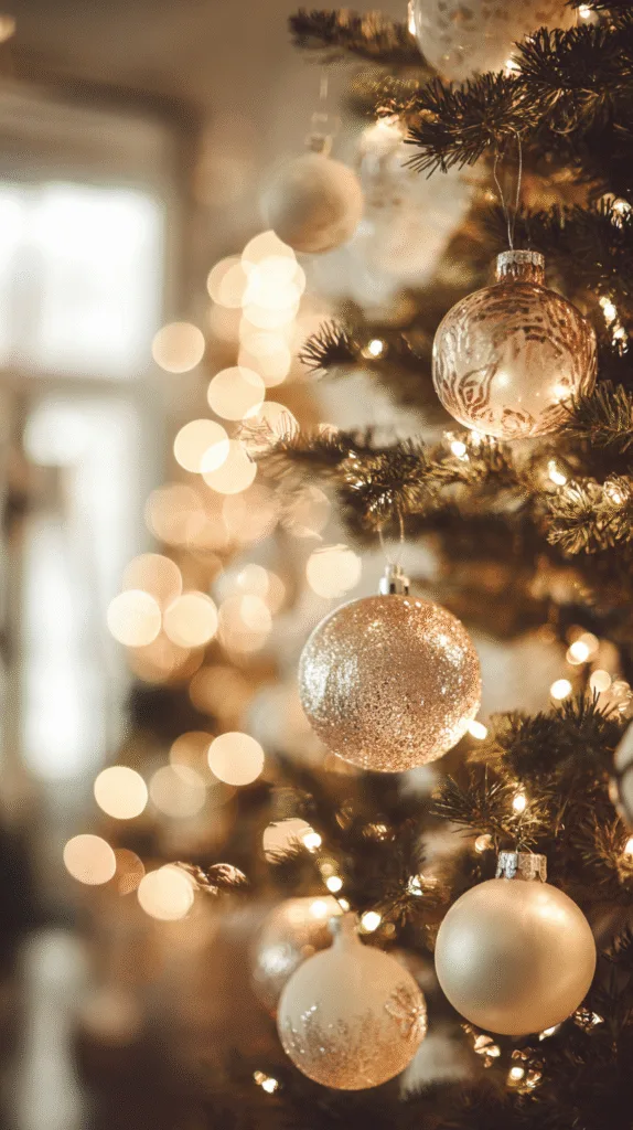 Soft close-up of warm white Christmas tree lights reflecting off matte champagne and ivory ornaments, gentle golden glow, cozy background blur, real-home quiet atmosphere