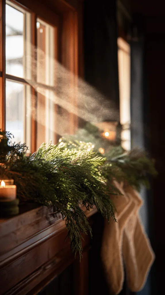 Spray bottle lightly misting a fresh cedar garland on a mantel, quiet afternoon light, stockings hanging gently