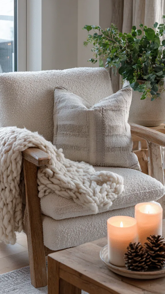 Warm knits, linen, and natural wood make this minimalist living room feel rich and inviting. Learn how to create depth with fewer pieces using 2025’s favorite cozy textures.
