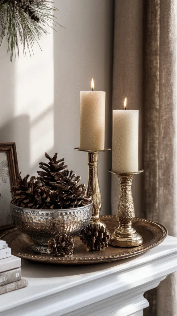 brushed brass candleholders on mantel, champagne gold tray, silver bowl with pinecones