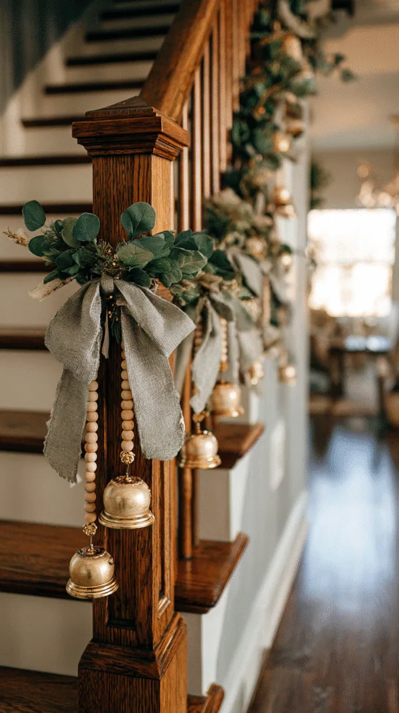 christmas garland with wood beads, velvet ribbon bows, and brass bells hanging