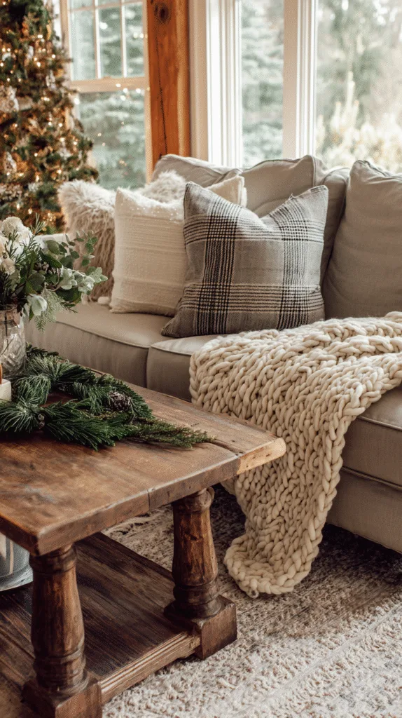 close-up of cozy sofa with chunky knit blanket, plaid pillow, linen throw, soft wool rug, natural wood coffee table, pine garland nearby, rustic holiday vibe,