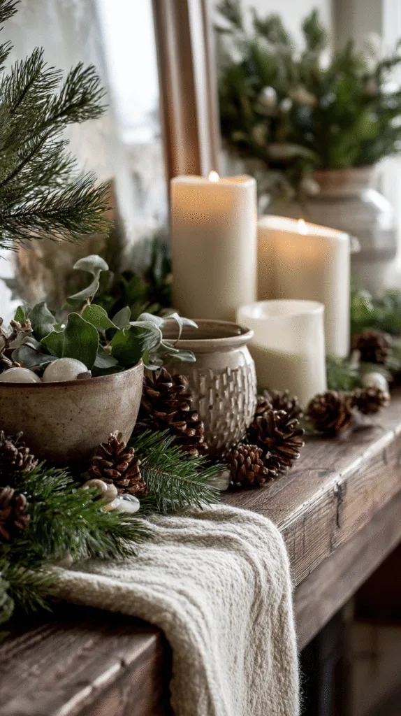 close-up of fresh cedar and eucalyptus garland on mantel with pinecones tucked in