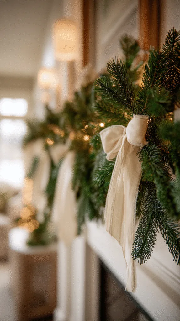 close-up of heavy garland supported by multiple strong adhesive hooks placed evenly, thick pine greenery, soft ribbon ties for reinforcement