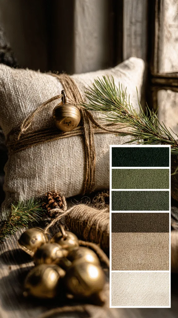 close-up of rustic christmas color palette scene, swatches of green, cream, and brown fabrics