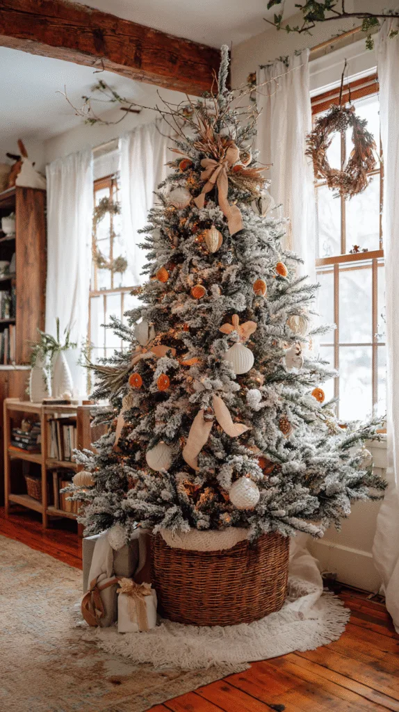 close view of christmas tree in farmhouse living room, flocked alpine tree in wicker basket