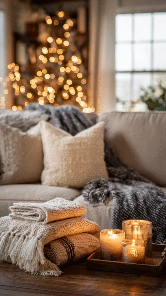 clutter-free cozy living room with Christmas accents, soft lighting, throw blanket folded neatly, candles lit