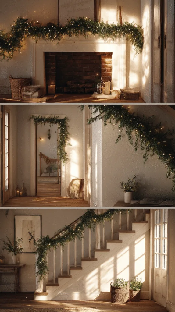 collage-style cozy home setting showing mantel garland with adhesive hooks, stair garland tied with ribbon, doorway garland hung with hooks