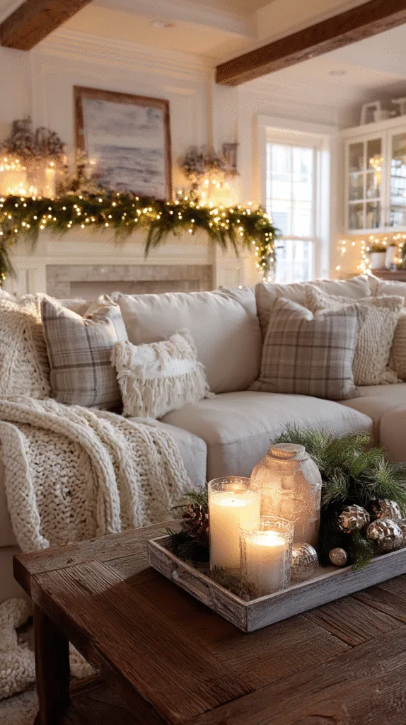 cozy christmas living room with decorated mantel and coffee table, pine garland draped over mantel, candles