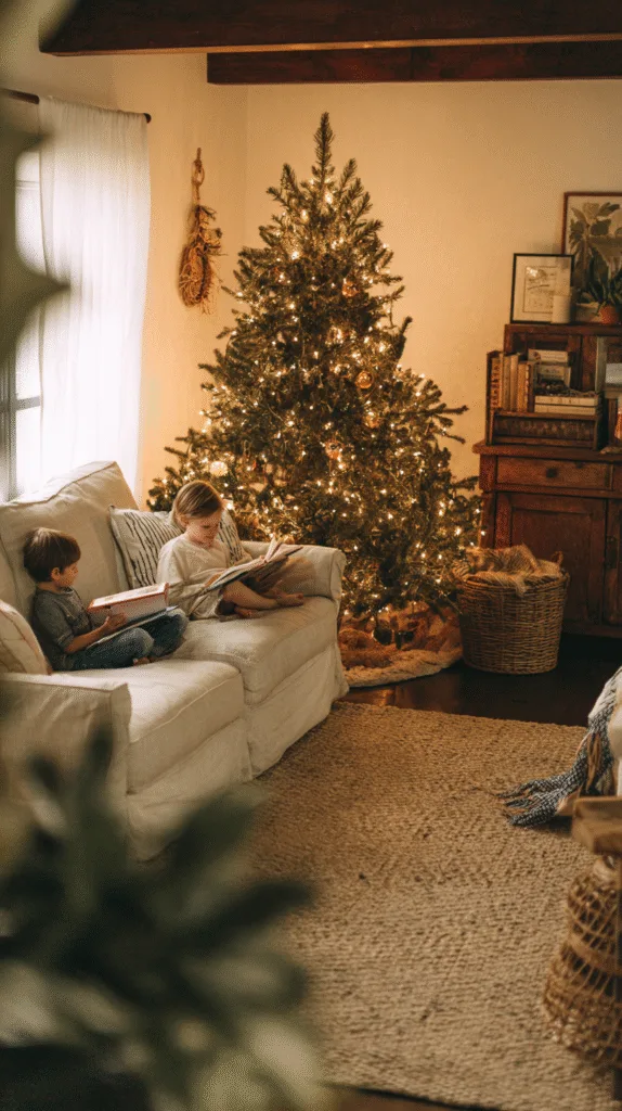 cozy family living room with minimalist christmas decor, small tree with few ornaments, kids reading on sofa