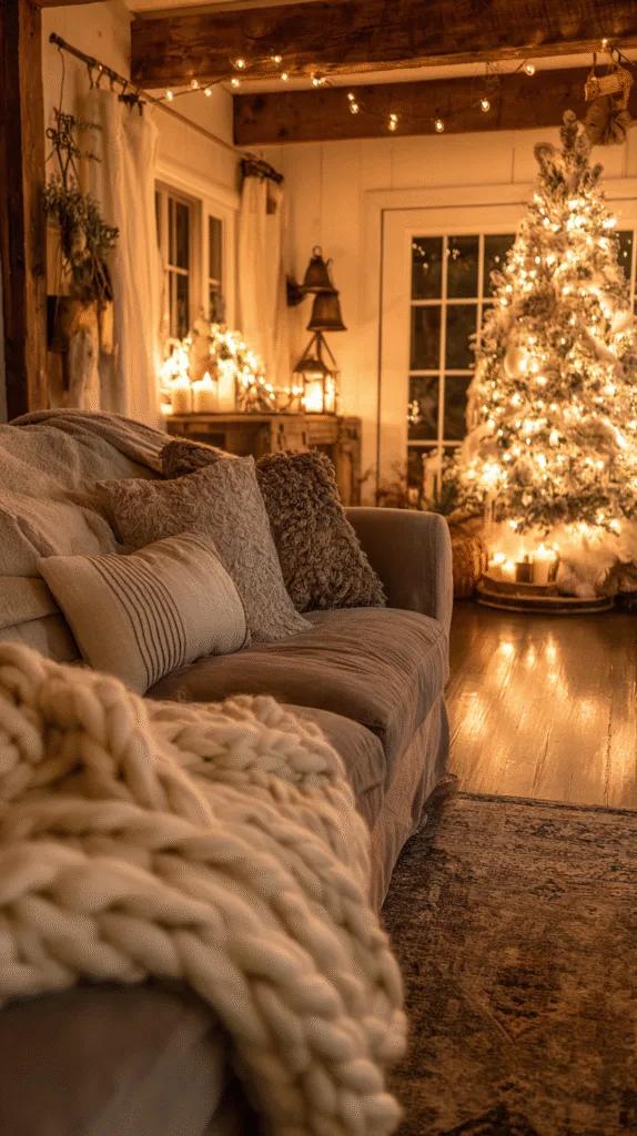cozy farmhouse christmas living room evening glow, candles and fairy lights reflecting on wood floor, flocked tree, chunky knit throw on sofa, brass bells hanging on wall, soft shadows, realistic warm lighting