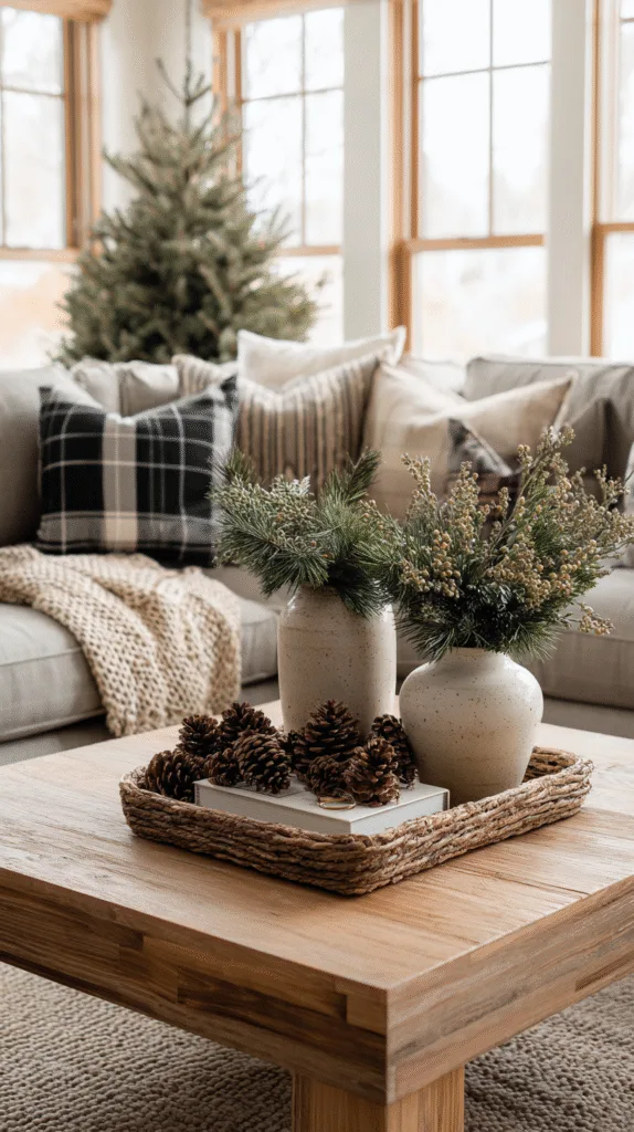 cozy living room decorated with natural Christmas greenery, pine branches in vases, pinecones