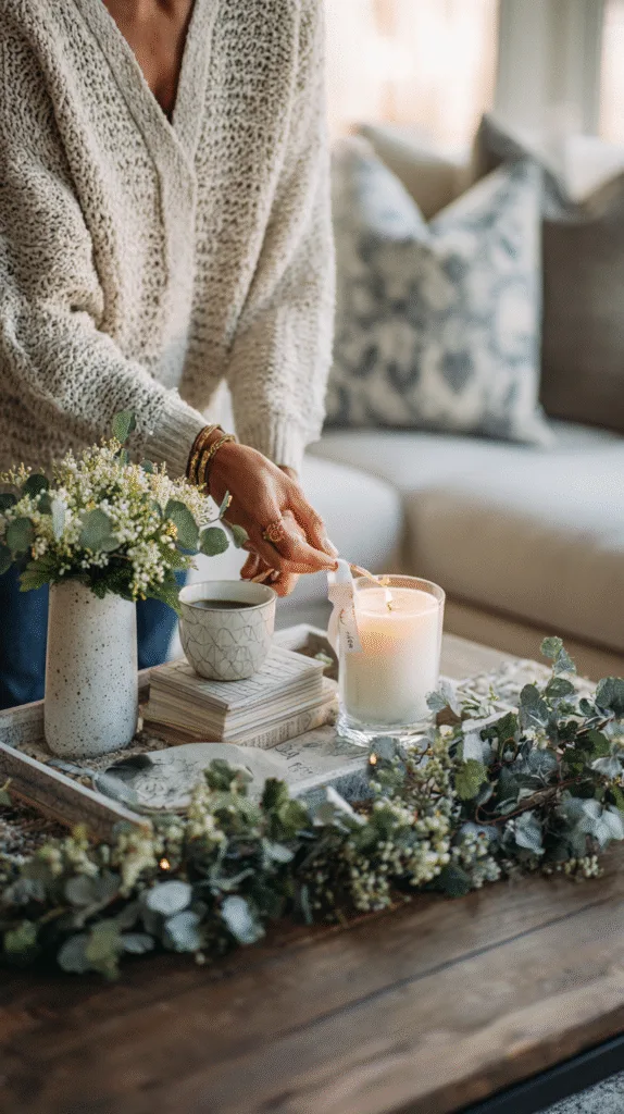 cozy living room scene of person swapping ribbon on garland, adding new candle to coffee table tray,