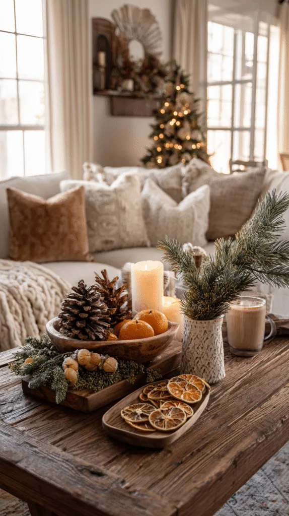 cozy living room vignette featuring dried orange garland, pinecone bowl centerpiece, candles on table