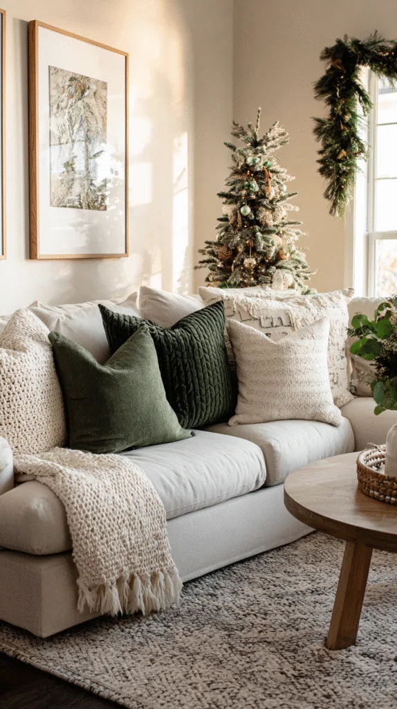 cozy living room with Christmas decor using neutral and sage green color palette