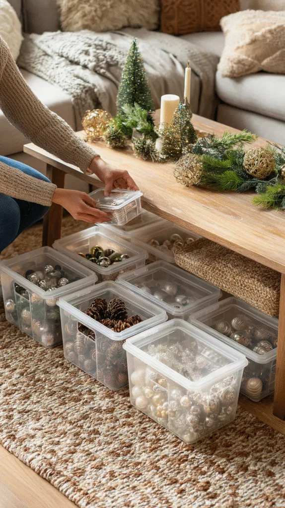 cozy living room with small labeled storage bins for holiday decor, clear boxes under coffee table or on shelf, woman’s hands gently packing ornaments, calm and organized space, natural tones