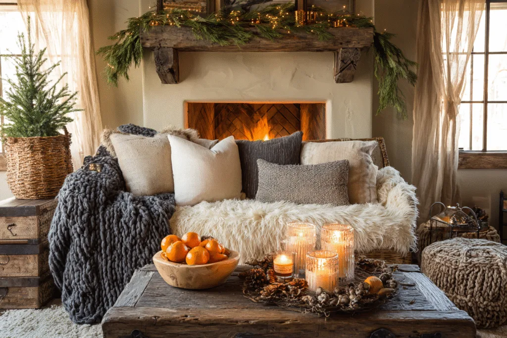 cozy rustic living room decorated for christmas using natural elements, small pine tree in woven basket