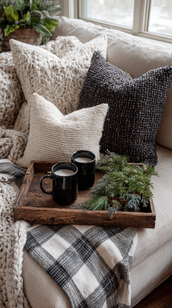 detail shot of modern farmhouse sofa with textured pillows