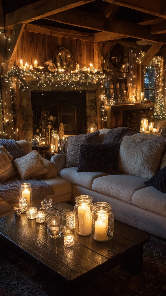 dimly lit living room with mantel covered in string lights and pillar candles, coffee table with glowing jar candles,