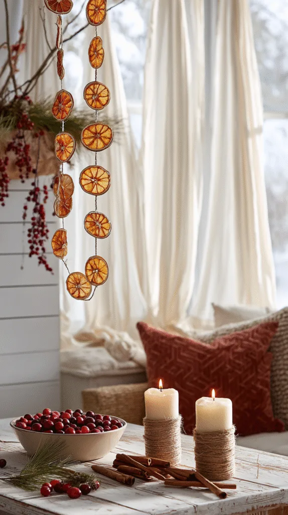 diy dried orange garland hanging on mantel, small bowl of cranberries and cinnamon sticks