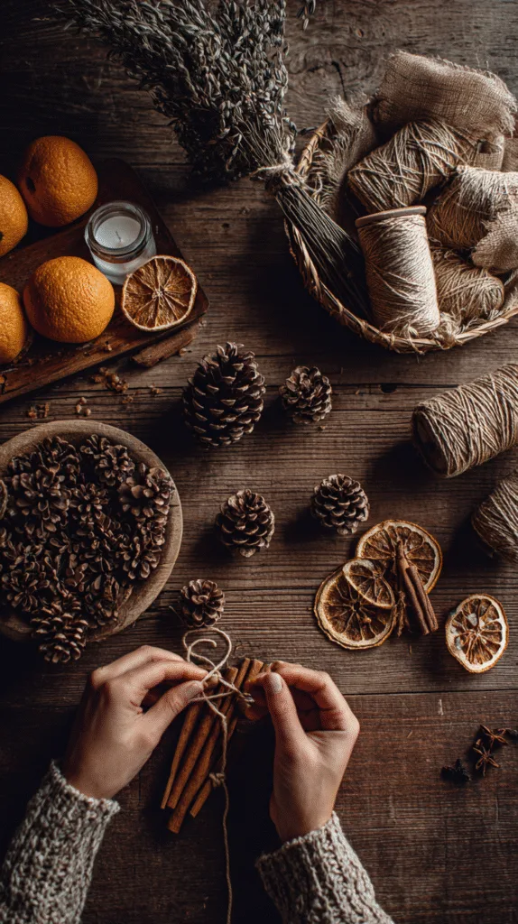 diy hands stringing pinecones, dried oranges, and cinnamon sticks onto jute twine,