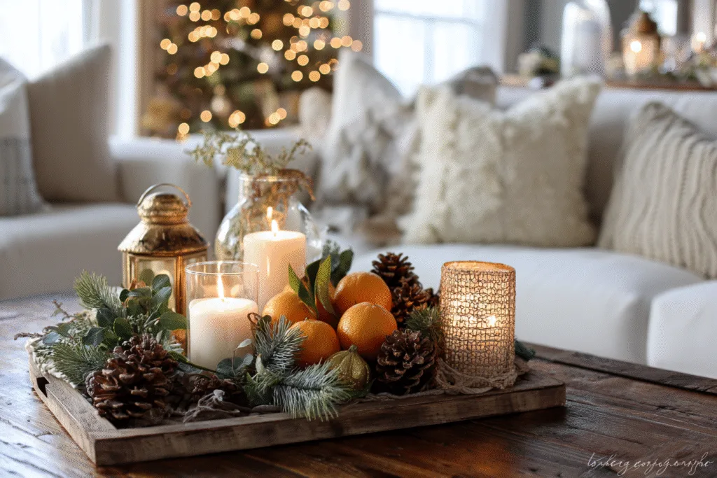 easy christmas mantel and coffee table decorating ideas, cozy real living room, neutral and green color palette