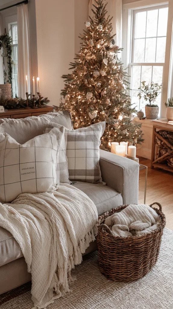 family-friendly cozy Christmas living room with washable pillow covers, blankets in a basket, no tinsel,