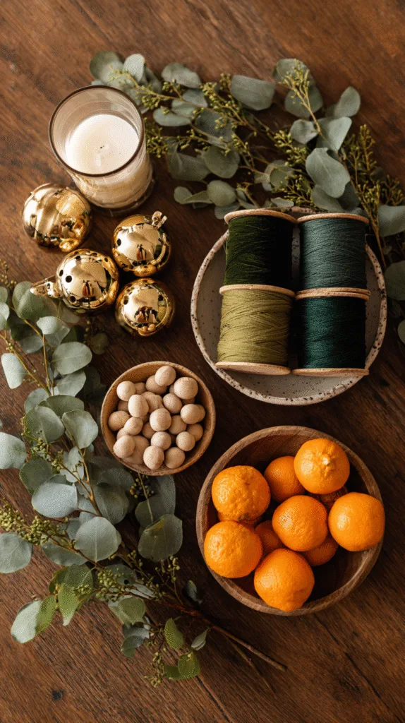 farmhouse christmas decor flat lay, velvet ribbon spools, brass bells, eucalyptus sprigs