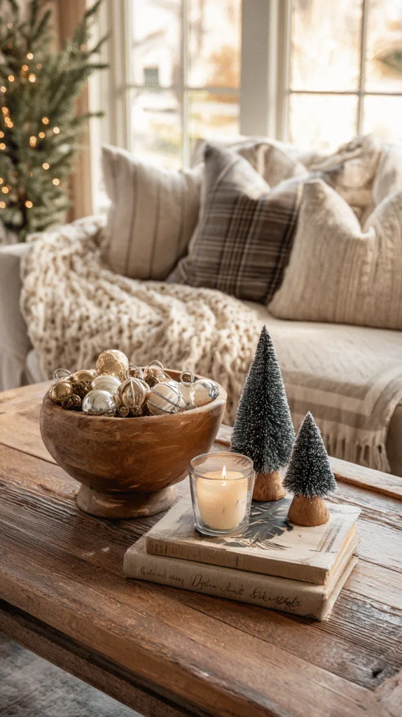 farmhouse coffee table vignette with christmas decor