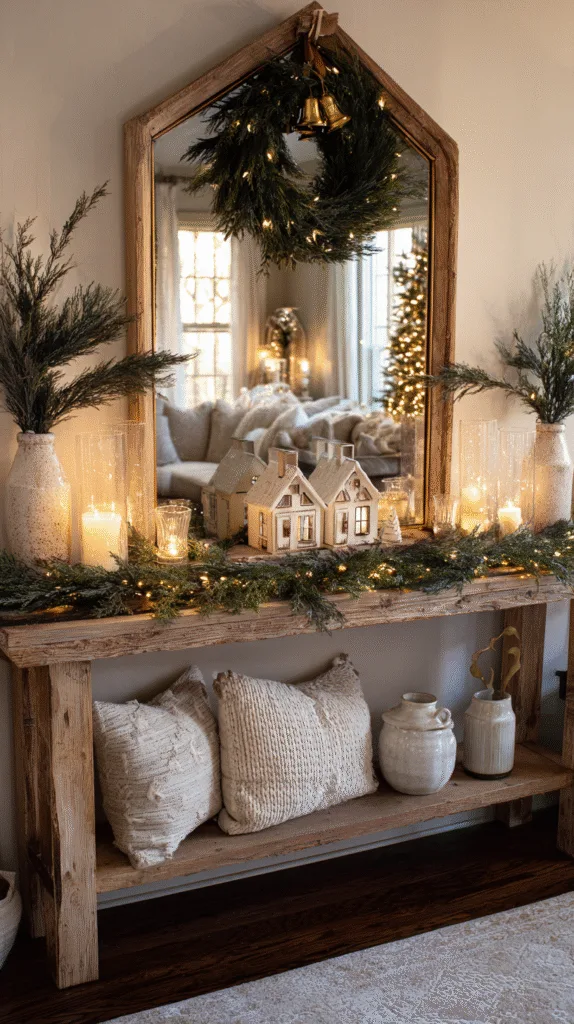 farmhouse console table styled like a christmas mantel, cedar garland with lights