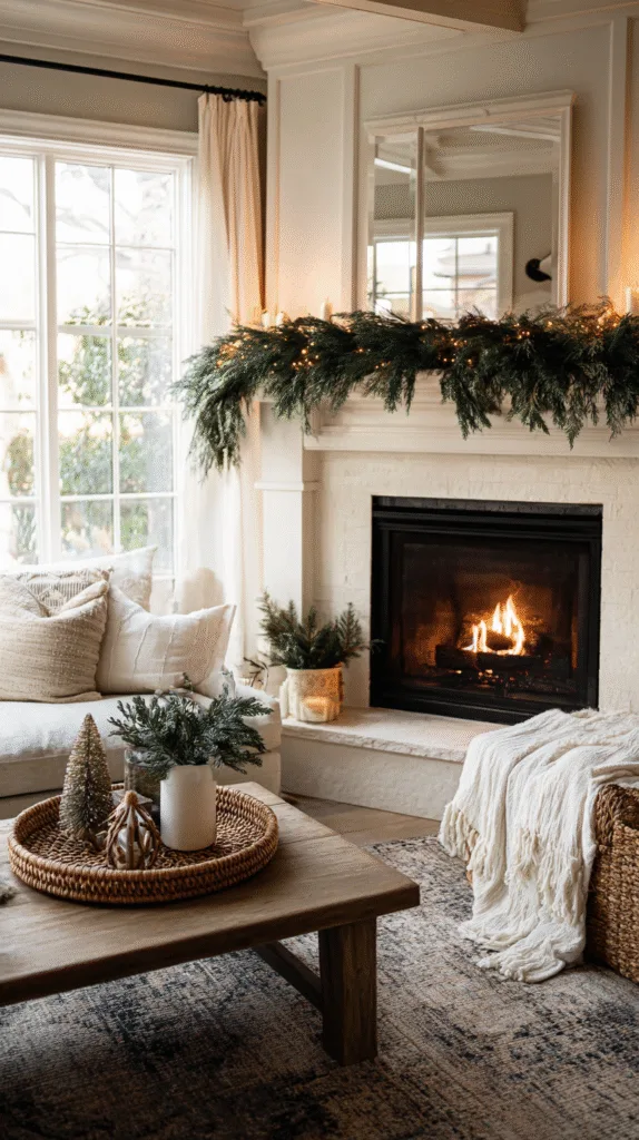 fireplace mantel with fresh pine garland base, neutral wall backdrop, coffee table