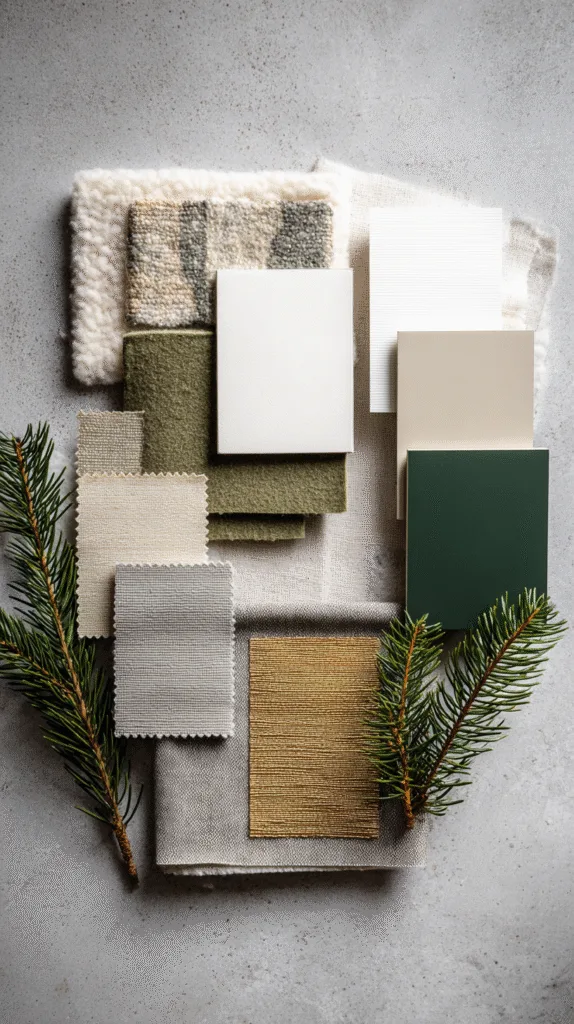 flat lay of christmas color palette for minimalist living room, swatches of white, cream, moss green