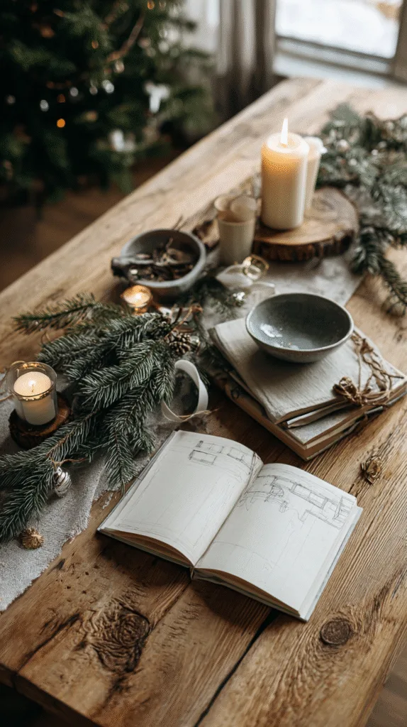 flat lay of christmas decorating materials on wooden table, pine branches, candles, bells
