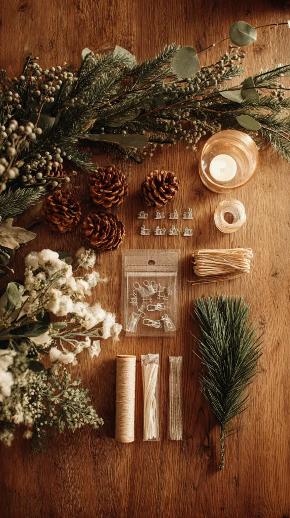 flat lay of damage-free garland hanging supplies on wooden table: removable adhesive hooks, clear clips, ribbon ties, jute string,
