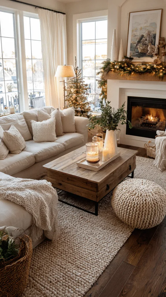full living room view styled with rustic christmas decor, mantel with garland, simple coffee table setup, mini tree in corner basket, warm light, natural tones, family home look