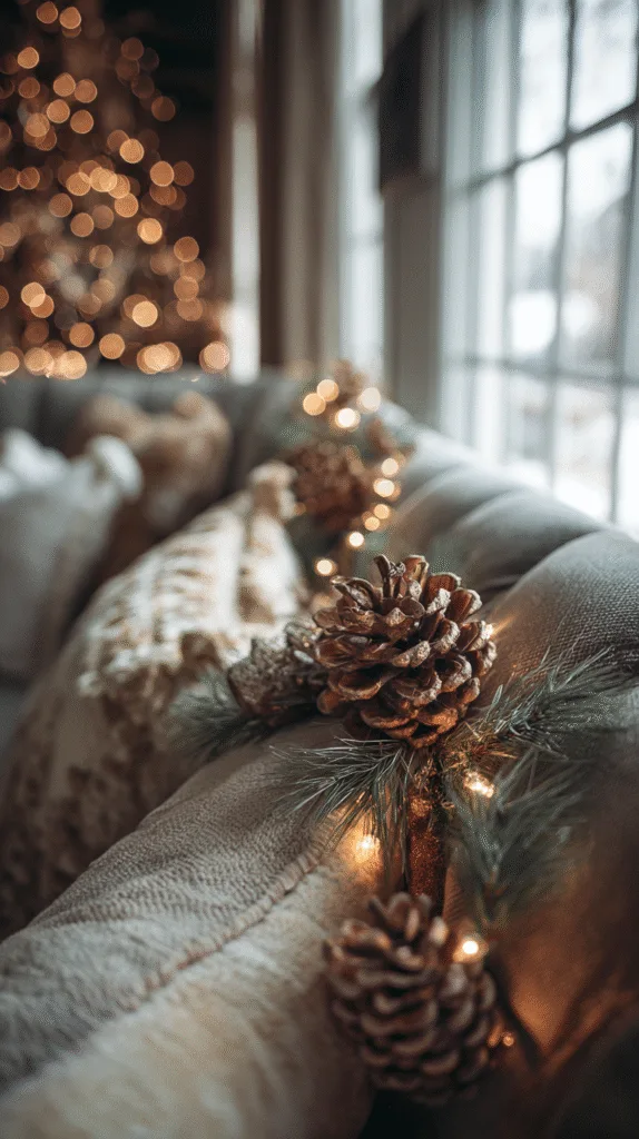 garland decorated with warm white fairy lights, loose velvet ribbon, soft pinecones, cedar picks tucked in, warm natural colors