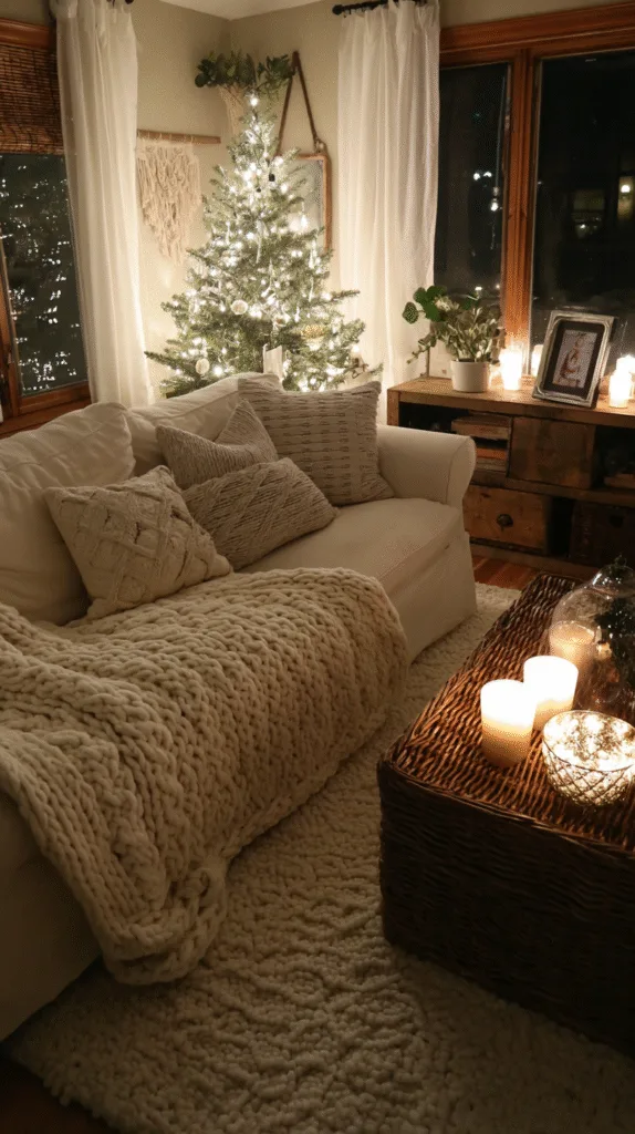 glowing rustic living room at night, small christmas tree in basket, candles flickering, knit blanket on couch, family photo frame, peaceful cozy mood,