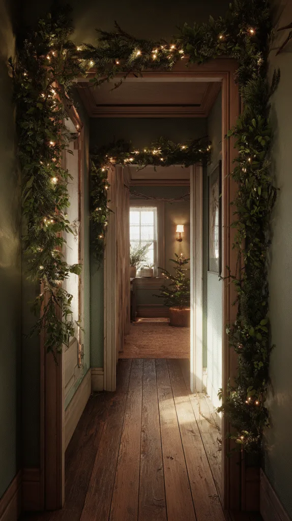 interior doorway framed with garland hung using removable hooks placed along trim, soft greenery, warm lights glowing, gentle drape