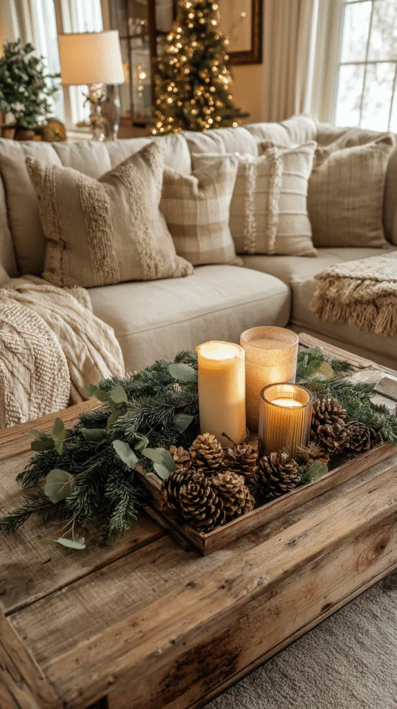 living room corner showing greenery and pinecones used as christmas decor, wooden accents and candles