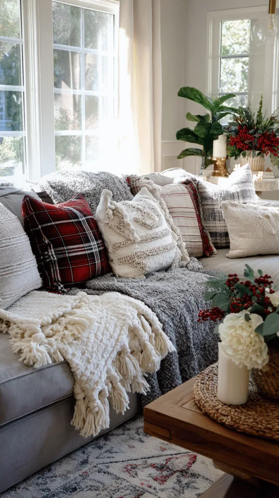 living room couch styled for Christmas with plaid and knit pillow covers, cozy throw blankets