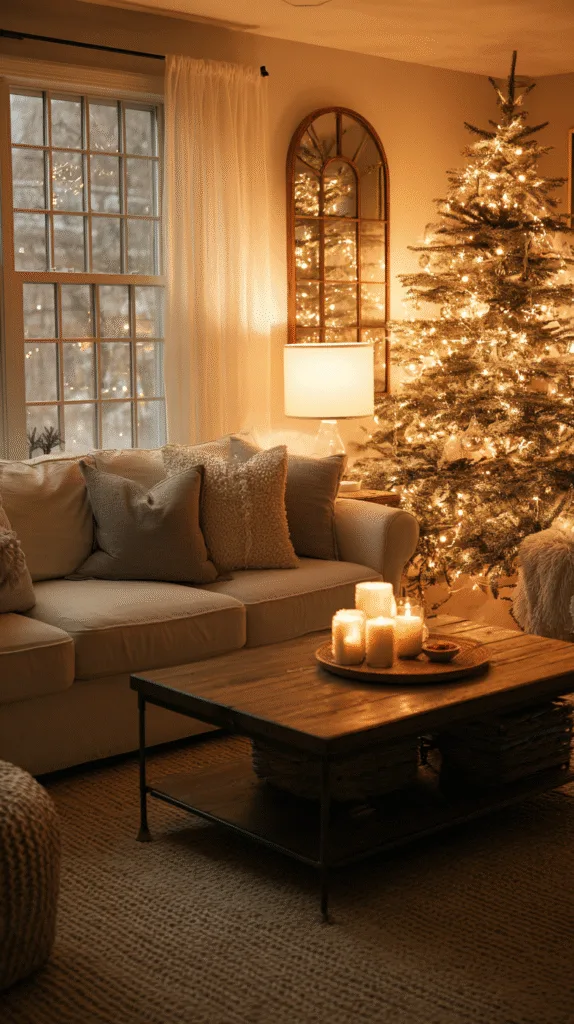 living room glowing with warm white Christmas tree lights tucked deep into branches, soft table lamp in the corne