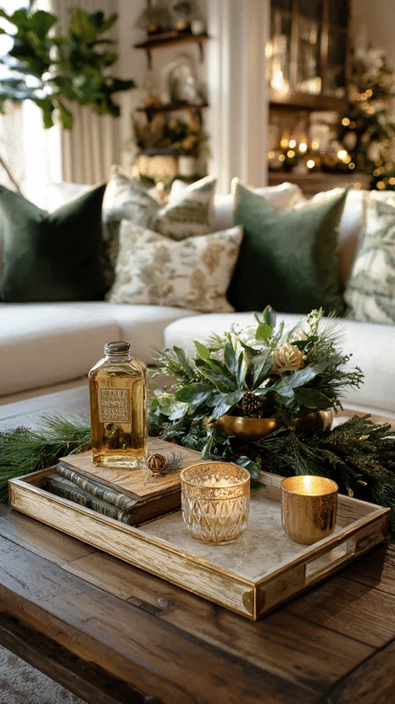 living room styled with coordinated christmas palette in green, cream, and gold, mantel garland