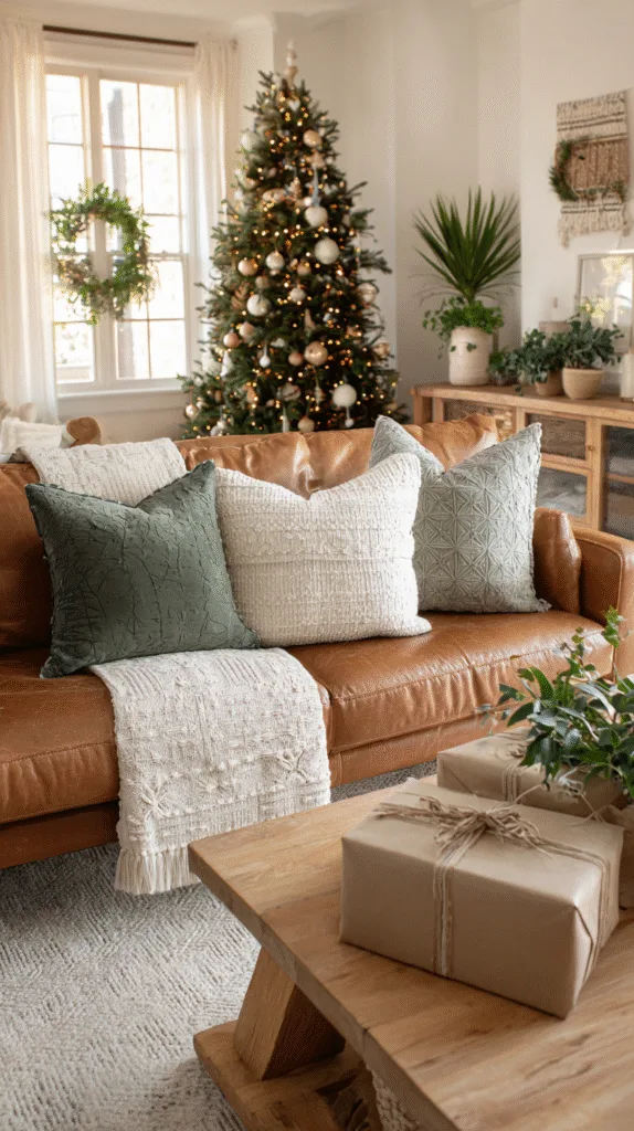 living room styled with soft Christmas color palette of cream, pine green, warm brown, and natural wood